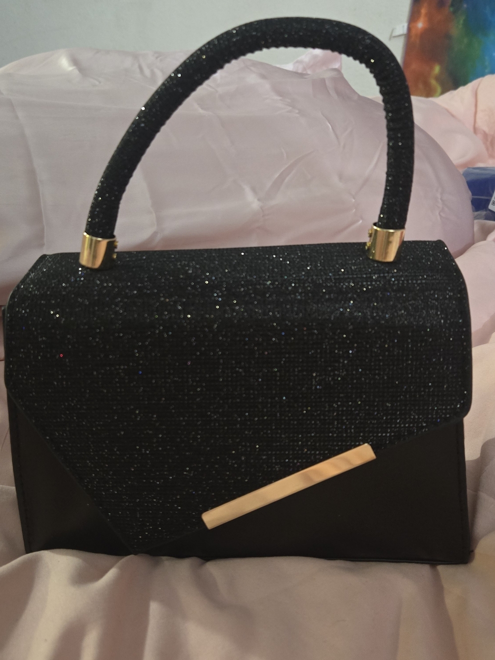 Elegant Black Glitter Top-Handle Evening Bag